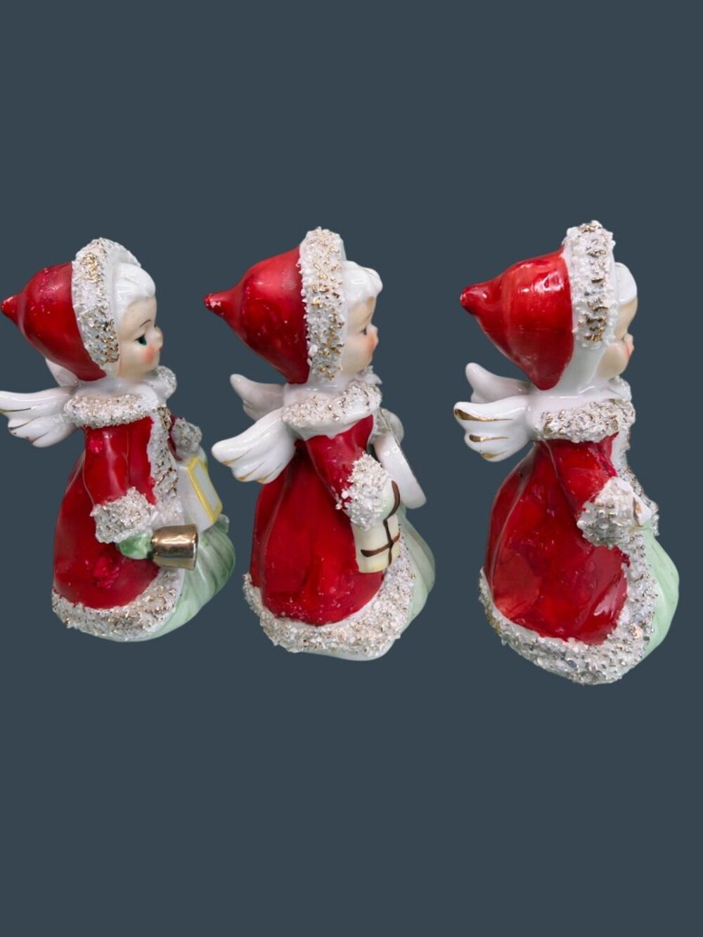 Vintage 1950s Ucagco Japan Christmas Angel Girls Set of 3 Spaghetti Trim 4.75" - Picture 5 of 14